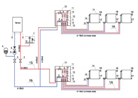 схема лучевая отопления